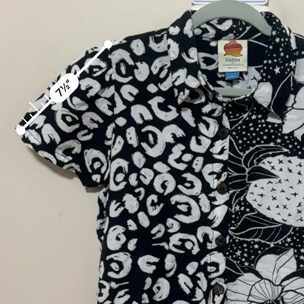 Farm Rio for Anthropologie Button Down Print Black White Surf Shirt Size Small - Picture 11 of 13